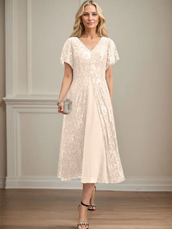 Robe mère de la mariée ligne A en dentelle et mousseline à col en V longueur thé