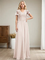 A-Linien V-Ausschnitt Bodenlanges Spitzen-Chiffon Kleid für die Brautmutter mit Pailletten