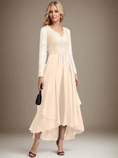 Vestido de madre de la novia en línea A con escote en V, encaje y gasa asimétrica