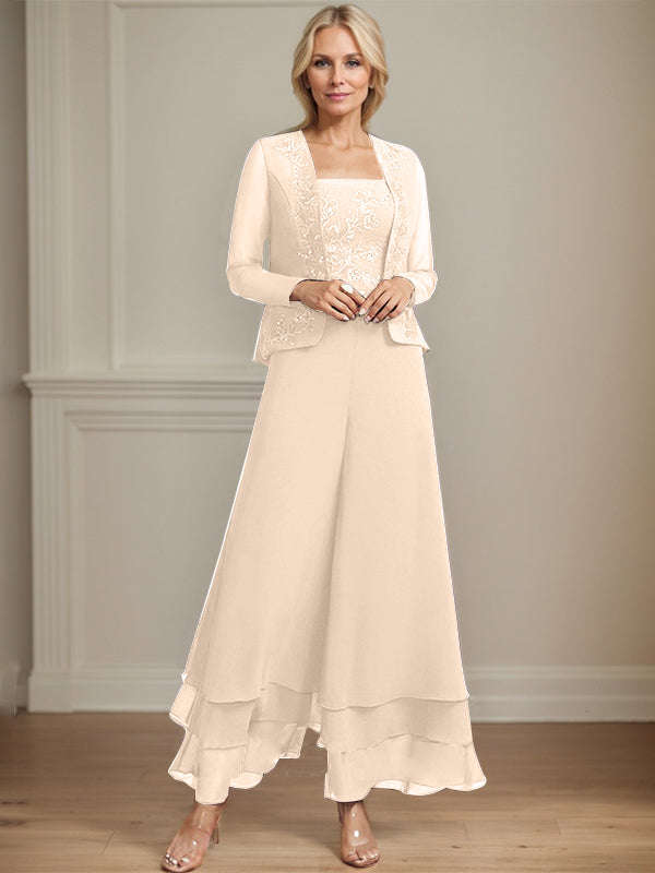 Zweiteiler Jumpsuit/Hosenanzug quadratisch knöchellang Spitze Chiffon Brautmutterkleid mit Pailletten