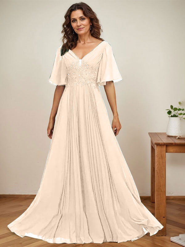 A-Linien V-Ausschnitt bodenlanges Chiffon Mutterkleid der Braut mit Pailletten-Applikationen, Spitze und Falten