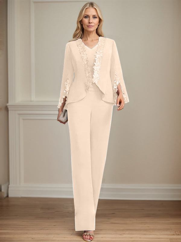 Zweiteiler Jumpsuit/Hosenanzug V-Ausschnitt bodenlanges Chiffon Mutter der Braut Kleid