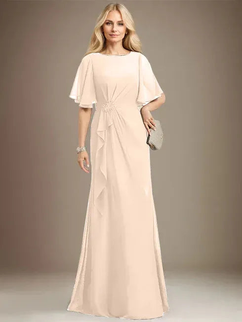A-Linien Rundhals bodenlanges Chiffon Mutter der Braut Kleid mit kaskadierenden Rüschen Perlen Pailletten