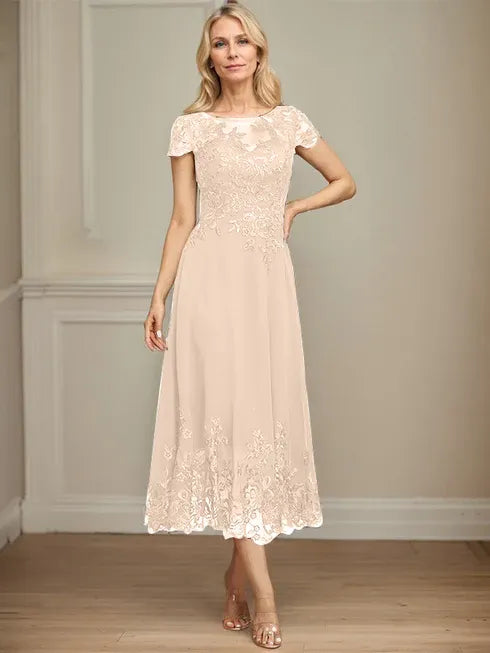 A-Linien Illusions Rundhals tea-langes Spitzenchiffon Mutter der Braut Kleid mit Pailletten