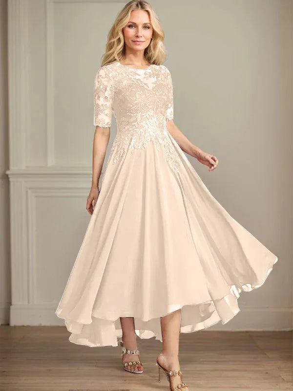 A-Linien Scoop-Ausschnitt Illusion asymmetrisches Chiffon-Spitzen-Mutter-der-Braut-Kleid mit Pailletten