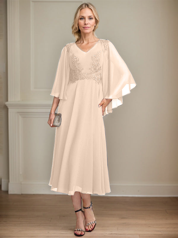 A-Linien-Brautmutterkleid aus Chiffon, V-Ausschnitt, tea-length mit Spitze, Pailletten und Perlen