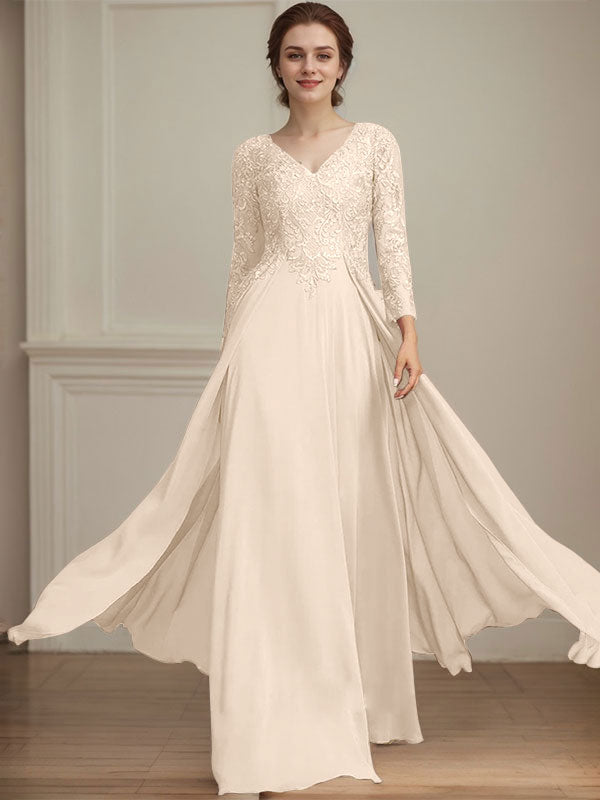 A-Linien V-Ausschnitt Bodenlanges Spitzen-Chiffon Kleid für die Brautmutter mit Pailletten