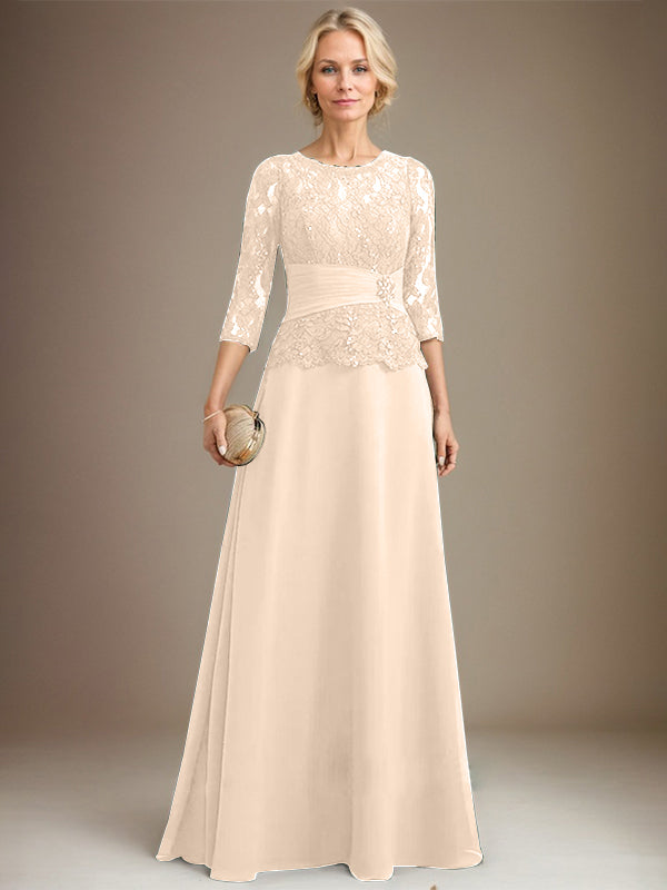 A-Linien Kleid mit Scoop-Ausschnitt, Illusion, bodenlangem Chiffon und Spitze, Mutter-der-Braut-Kleid mit plissierten Pailletten und Perlenbesatz