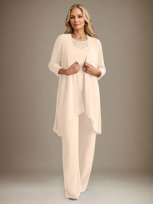 Chiffon Kleid mit Rundhalsausschnitt und langen Ärmeln, Mutter-der-Braut Hosenanzug mit Jacke