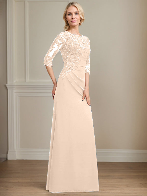 A-Linie Rundhals bodenlanges Chiffon Spitzen Brautmutterkleid mit Perlen Falten Pailletten