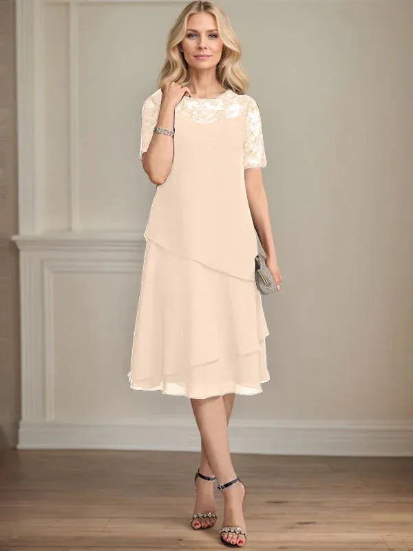 A-Linien Rundhals Illusions-Knie-Länge Spitzen-Chiffon Kleid für die Brautmutter mit Pailletten