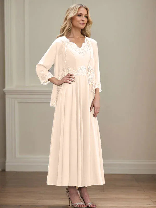 A-Linien Kleid mit V-Ausschnitt, knöchellang, aus Chiffon, Mutter der Braut Kleid mit Pailletten, Applikationen, Spitze und Perlenbesatz