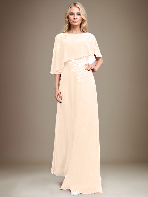 A-Linie Rundhals Bodenlanges Chiffon-Spitzenkleid für die Brautmutter mit Pailletten und Perlen