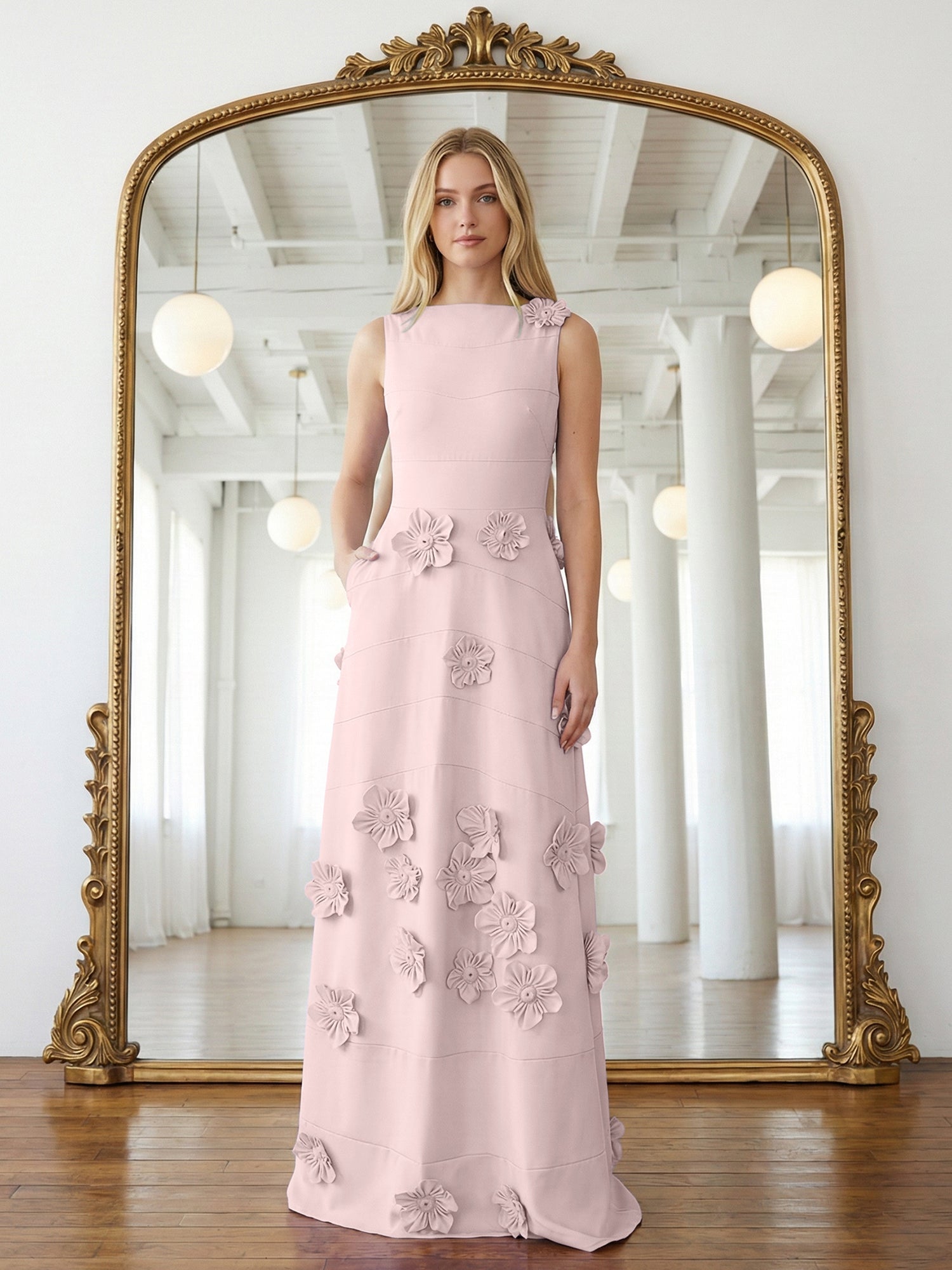 Lavendelfarbenes formelles Kleid mit U-Boot-Ausschnitt und herabfließenden 3D-Blumen
