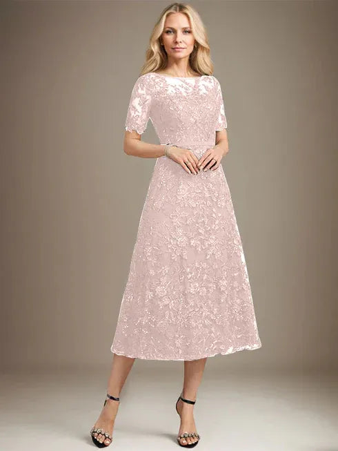 A-Linien Rundhals Illusions-Tea-Length Spitzenkleid der Brautmutter mit Pailletten