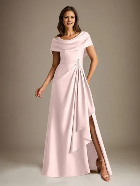 A-Linien-Kleid mit Rundhalsausschnitt, bodenlang, aus Stretch-Satin, Brautmutterkleid mit fallenden Rüschen