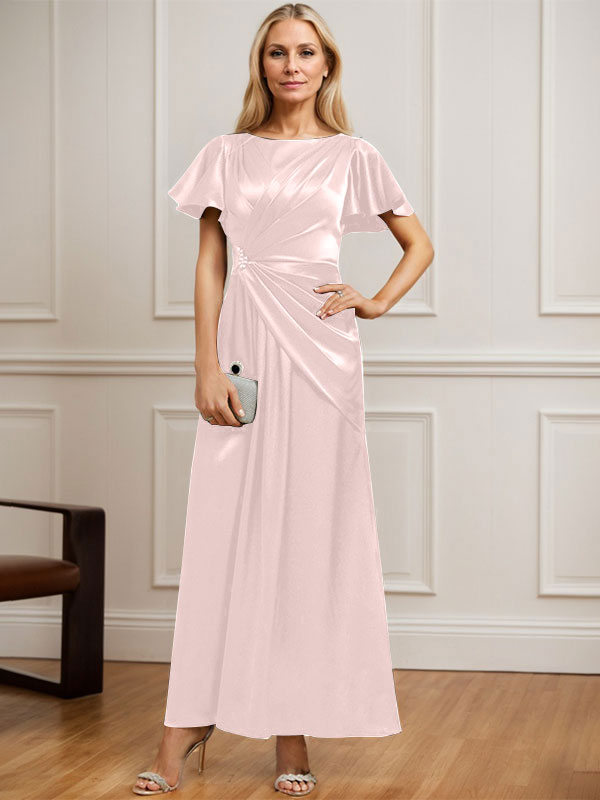 A-Linien Rundhals Knöchellanges Stretch Satin Mutter der Braut Kleid mit Plissierten Perlen