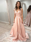 Blush-pinkfarbenes A-Linien-Satin-Abendkleid mit Korsett und Schleifen-Trägern