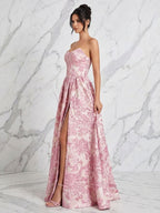 Rosa Jacquard Trägerloses Korsett-Oberteil, langes Ballkleid mit hohem Schlitz