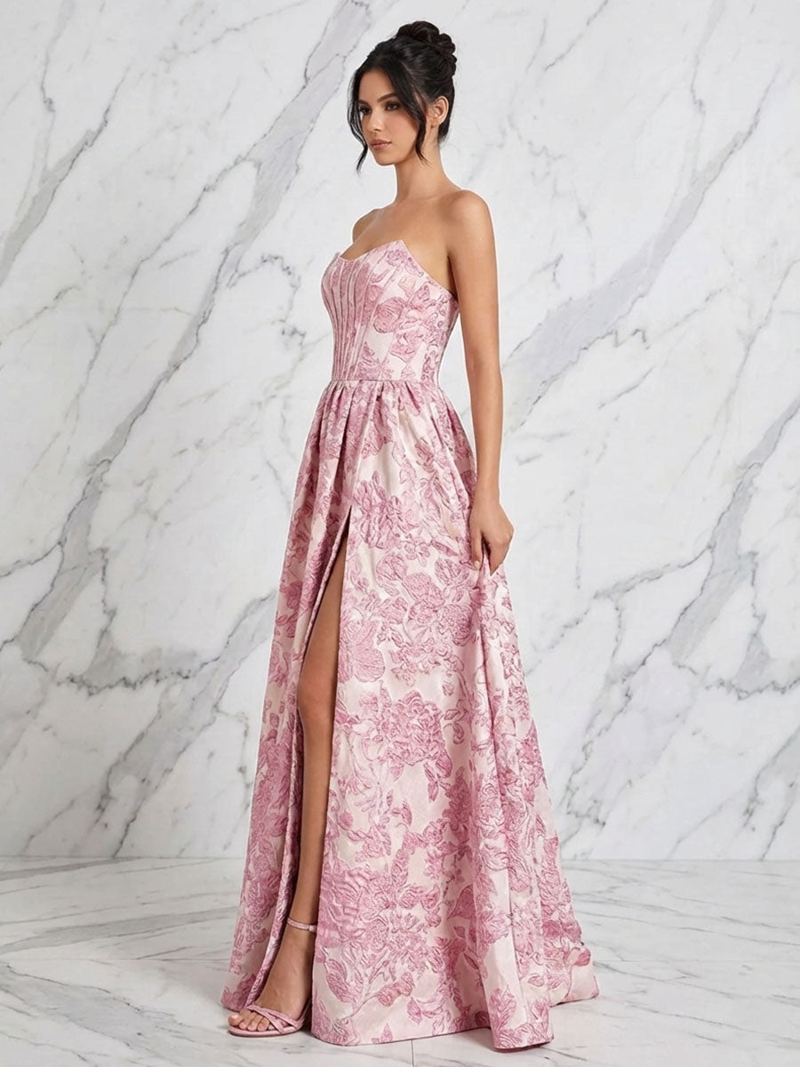 Rosa Jacquard Trägerloses Korsett-Oberteil, langes Ballkleid mit hohem Schlitz