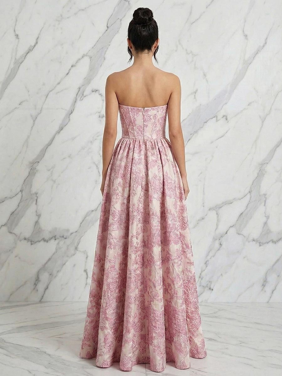 Rosa Jacquard Trägerloses Korsett-Oberteil, langes Ballkleid mit hohem Schlitz