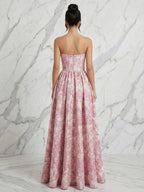 Rosa Jacquard Trägerloses Korsett-Oberteil, langes Ballkleid mit hohem Schlitz