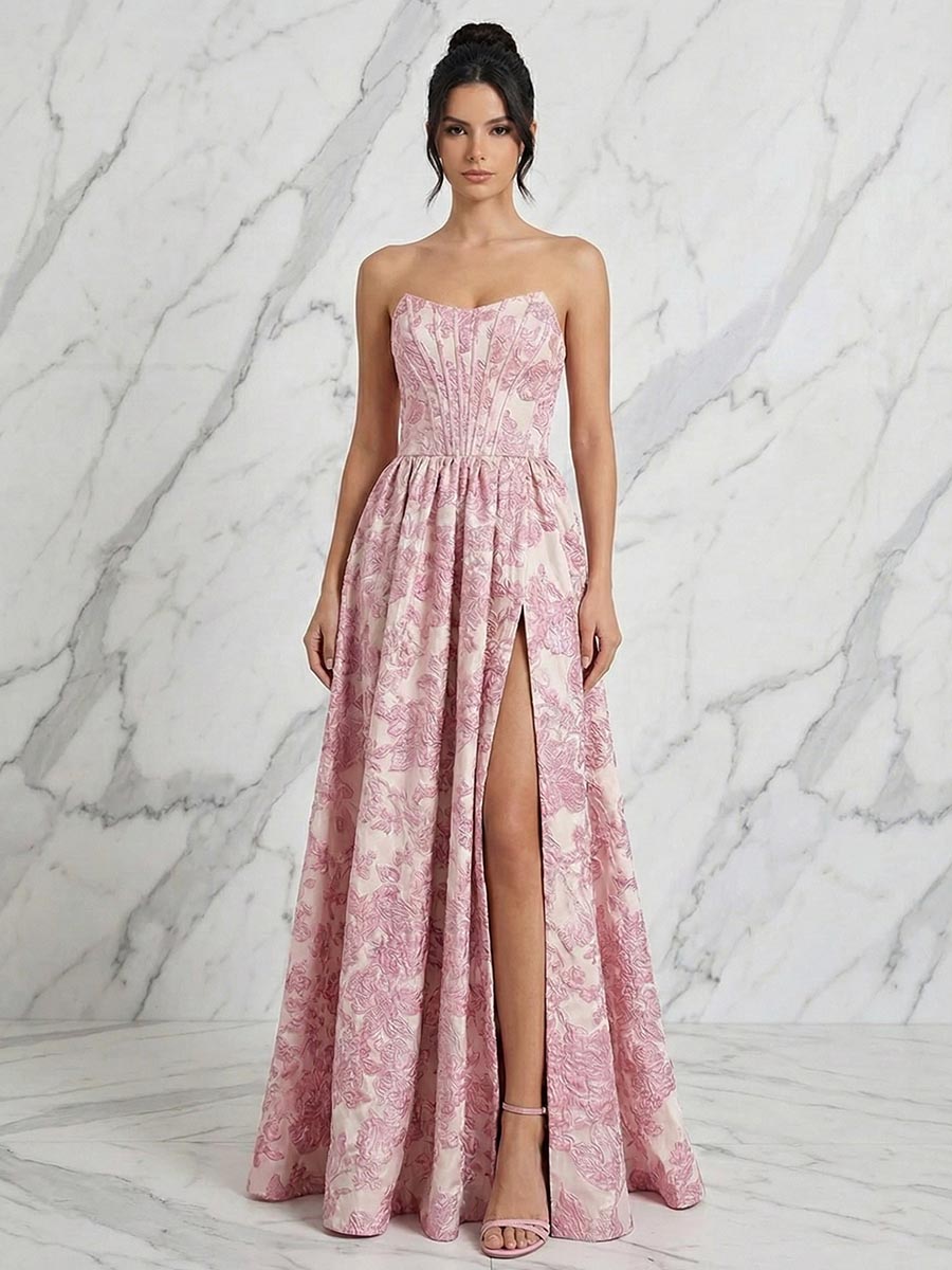 Rosa Jacquard Trägerloses Korsett-Oberteil, langes Ballkleid mit hohem Schlitz