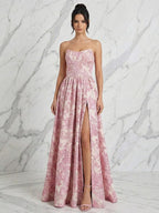Rosa Jacquard Trägerloses Korsett-Oberteil, langes Ballkleid mit hohem Schlitz