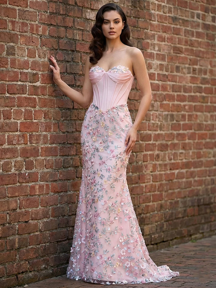 Blush Pink Prom Dress with Enchanted Floral 3D Appliqué Corset