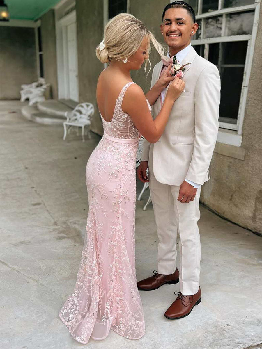 Blassrosa Quadrat-Ausschnitt Pailletten-Abschlussballkleid mit Satin-Schleifengürtel