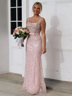 Robe de bal rose blush à col carré avec sequins et ceinture en satin à nœud