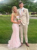 Robe de bal rose blush à col carré avec sequins et ceinture en satin à nœud