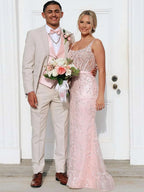 Robe de bal rose blush à col carré avec sequins et ceinture en satin à nœud
