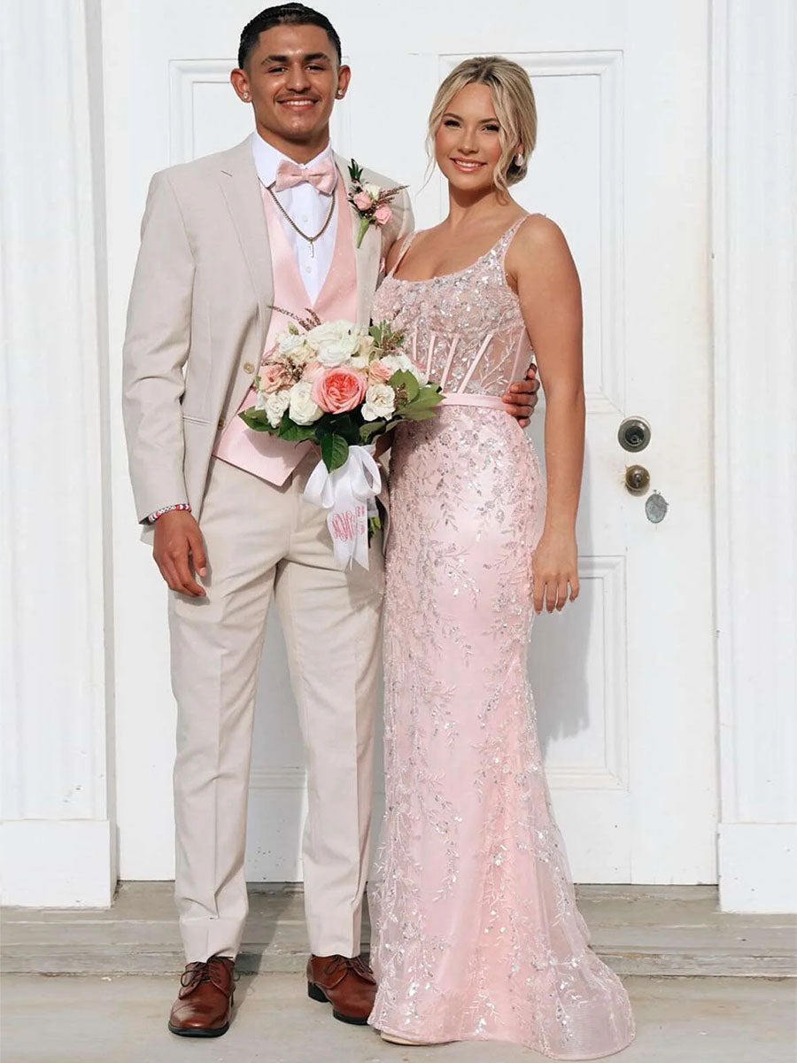 Blassrosa Quadrat-Ausschnitt Pailletten-Abschlussballkleid mit Satin-Schleifengürtel