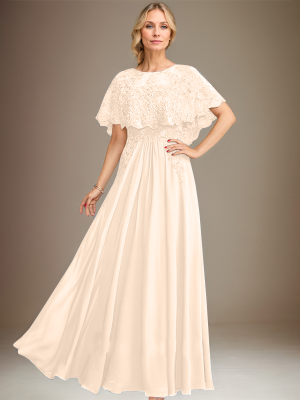 A-Linien Spitzen-Chiffon-Mutter-der-Braut-Kleid mit Bootsausschnitt, bodenlang und Applikations-Pailletten
