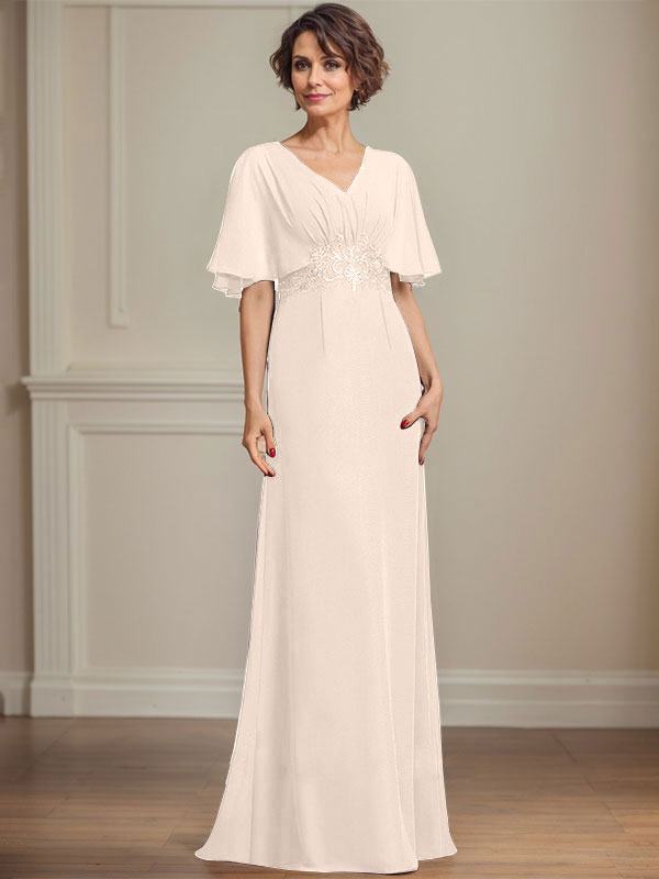 A-Linien Chiffon Mutter-der-Braut-Kleid mit V-Ausschnitt, bodenlang, mit plissierten Pailletten-Applikationen und Spitze