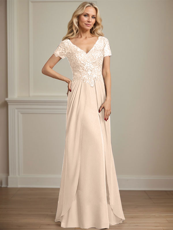 A-Linien Chiffon-Spitzen-Mutter-der-Braut-Kleid mit V-Ausschnitt, bodenlang