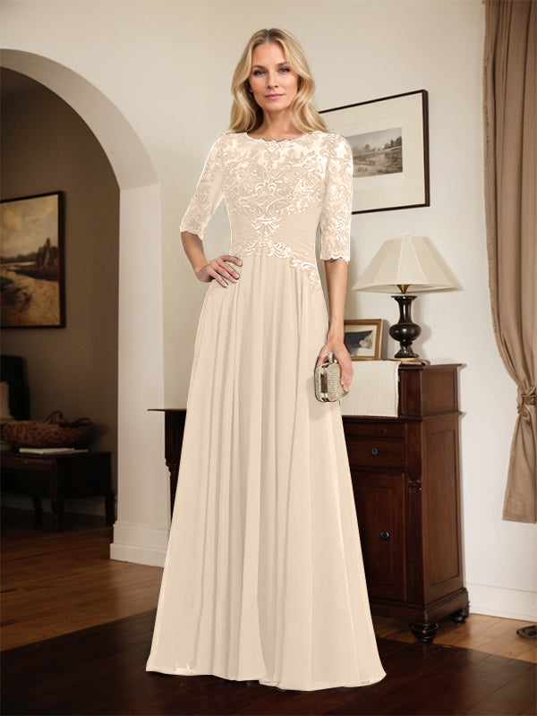 A-Linien Ausschnitt Illusions-Bodenlanges Chiffon-Spitzenkleid für die Mutter der Braut mit plissierten Pailletten