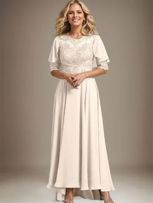 A-Linien Kleid mit Scoop-Ausschnitt, Illusion, asymmetrischem Chiffon und Spitzen, Mutter-der-Braut-Kleid mit Perlenbesatz