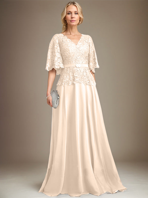 A-Linien V-Ausschnitt Bodenlanges Chiffon-Spitzen Mutter-der-Braut-Kleid mit Kristallbrosche und Strass