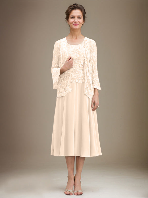 A-Linien Spitzen-Chiffon-Brautmutterkleid mit V-Ausschnitt, tea-length, mit Pailletten