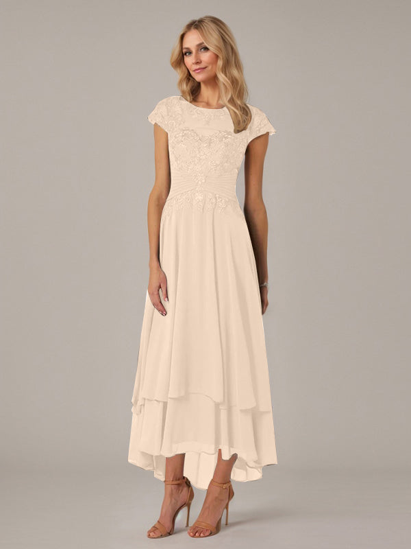 A-Linien Boot-Ausschnitt Illusions asymmetrisches Chiffon-Spitzen Mutterkleid der Braut mit Applikationsfalten