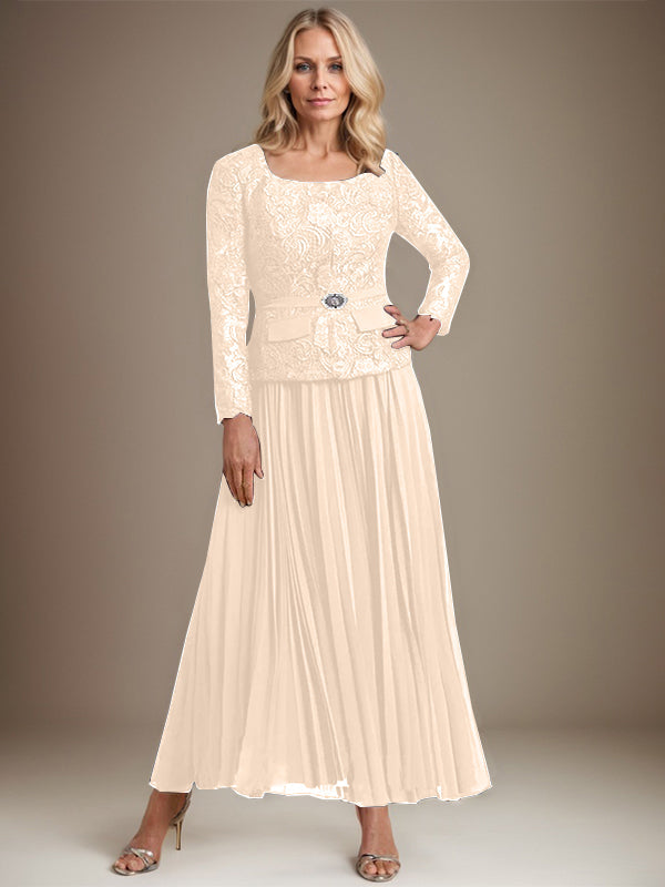 A-Linien-Kleid mit quadratischem Ausschnitt, knöchellang, Chiffon, Mutter der Braut, mit Falten