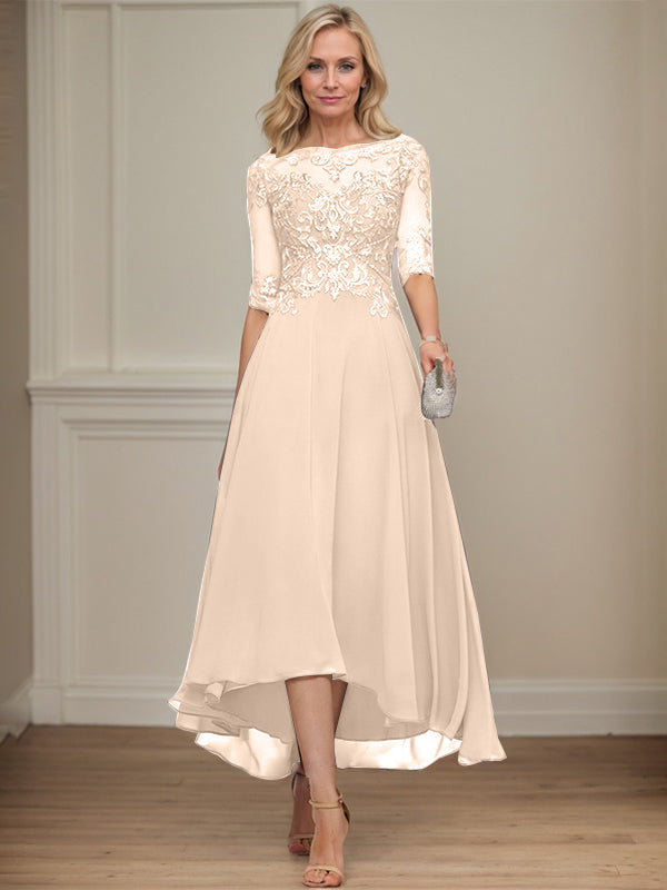 A-Linien Bootsausschnitt Illusionskleid mit asymmetrischem Chiffon-Spitzenstoff, Mutter-der-Braut-Kleid mit Paillettenperlen