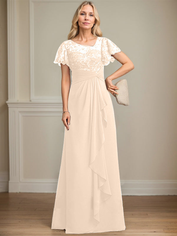 A-Linie asymmetrisches Illusions bodenlanges Spitzen-Chiffon Brautmutterkleid mit kaskadierenden Volants und Pailletten