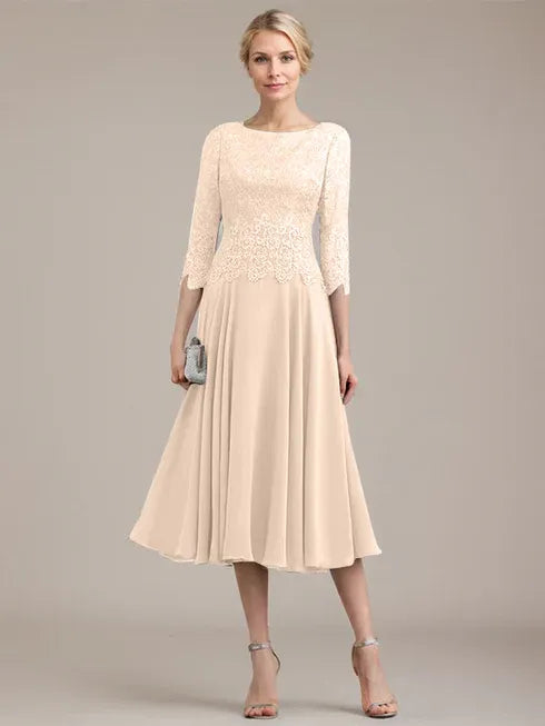 A-Linien Kleid mit Rundhalsausschnitt, tea-länge, Spitze und Chiffon, Mutter der Braut Kleid
