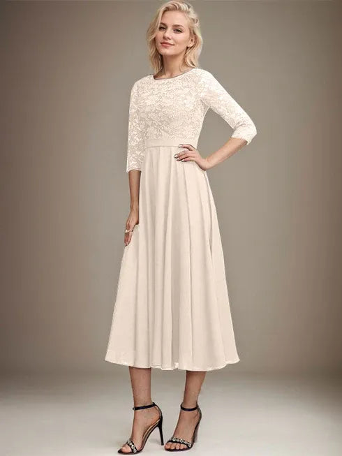 A-Linien Spitzen-Chiffon-Brautmutterkleid mit V-Ausschnitt, tea-length, mit Pailletten