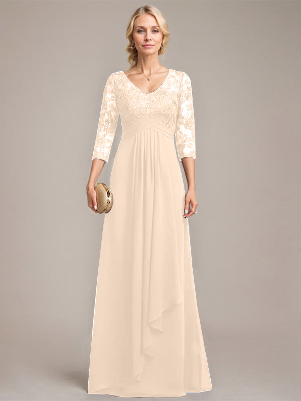 A-Linien V-Ausschnitt bodenlanges Spitzen-Chiffonkleid für die Mutter der Braut mit kaskadierenden Rüschen und Pailletten