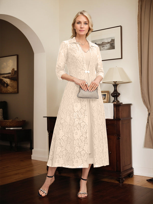 Robe mère de la mariée en mousseline longueur thé à encolure en V et coupe trapèze