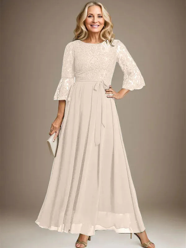 A-line Scoop Ankle-Length Lace Chiffon Mother of the Bride Dress With Bow